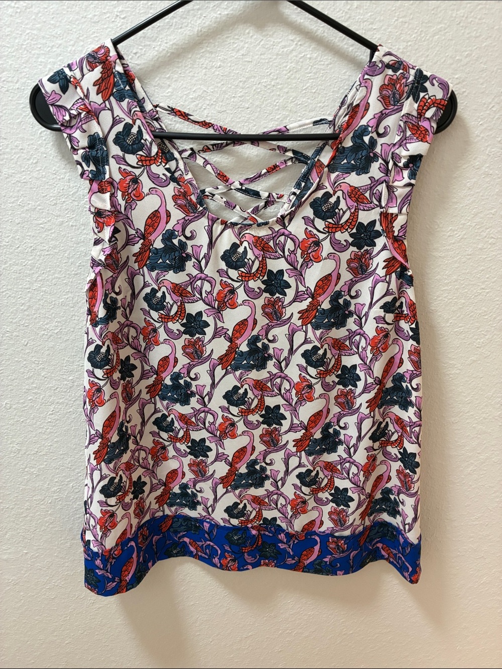 Daniel Rainn White Floral Crisscross Camisole with Pink & Blue Accents